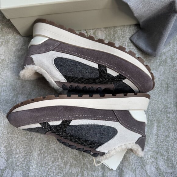 Brunello Cucinelli Fur-Lined Suede And Wool Sneakers - Picture 11 of 13
